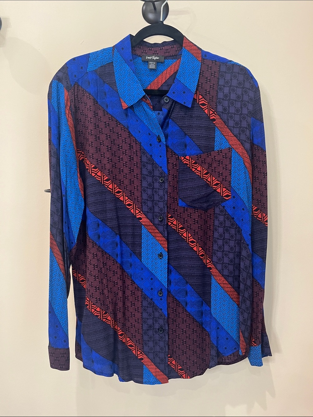 Lord & Taylor Blue, Burgundy & Red Geometric Button-Up Shirt